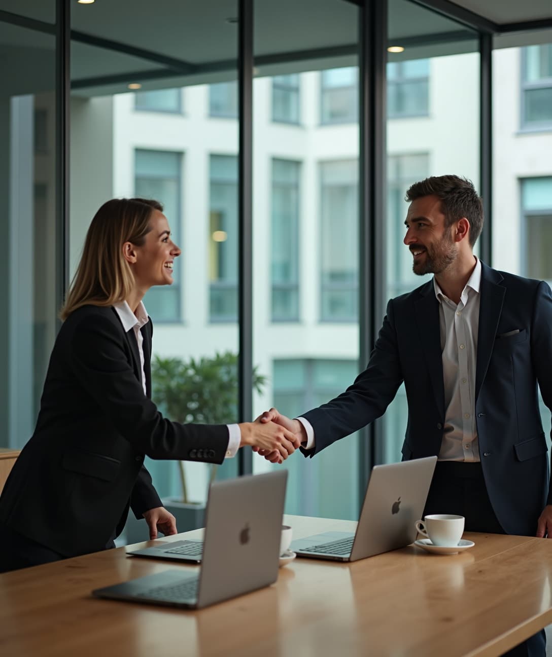 Business partners shaking hands in a bright modern office